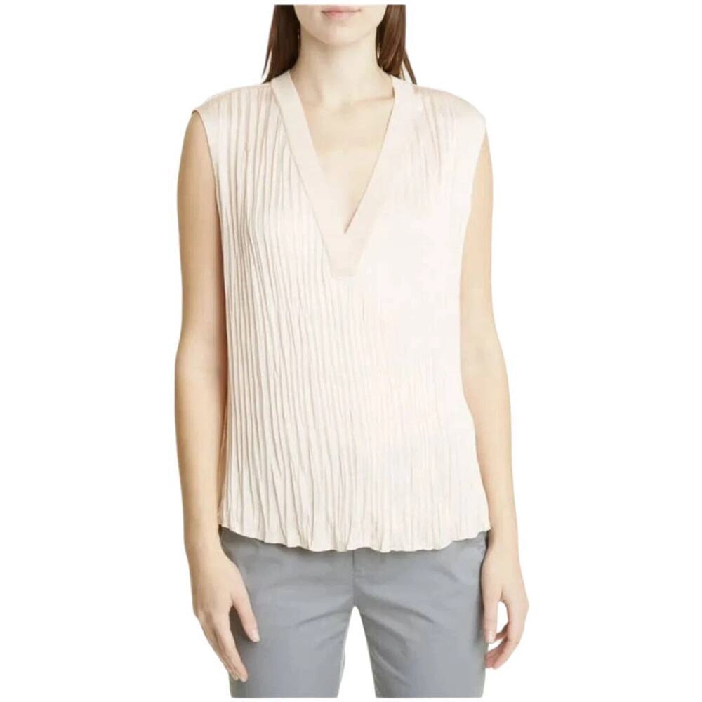 Vince Crushed Sleeveless Double V-neck Blouse Top French Rose Satin Size M NWT